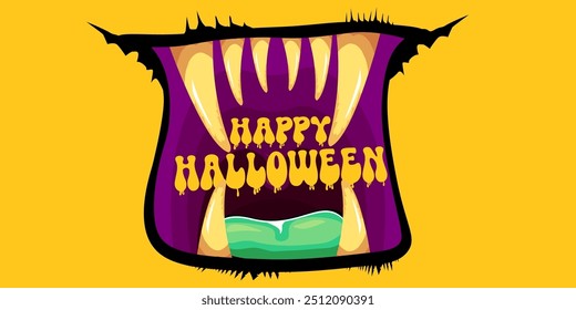 Vector Happy halloween cartoon greeting card with funny zombie monster open mouth with rotten teeth isolated on orange background. Vector Halloween poster and flyer with funny orange monster mouth.