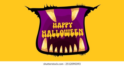 Vector Happy halloween cartoon greeting card with funny zombie monster open mouth with rotten teeth isolated on orange background. Vector Halloween poster and flyer with funny orange monster mouth.