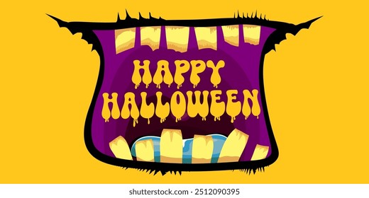 Vector Happy halloween cartoon greeting card with funny zombie monster open mouth with rotten teeth isolated on orange background. Vector Halloween poster and flyer with funny orange monster mouth.