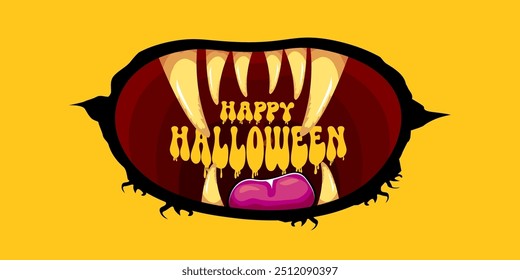 Vector Happy halloween cartoon greeting card with funny zombie monster open mouth with rotten teeth isolated on orange background. Vector Halloween poster and flyer with funny orange monster mouth.