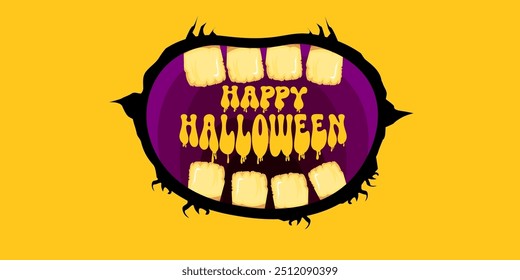 Vector Happy halloween cartoon greeting card with funny zombie monster open mouth with rotten teeth isolated on orange background. Vector Halloween poster and flyer with funny orange monster mouth.