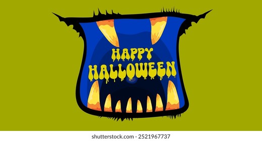 Vector Happy halloween cartoon greeting card with funny zombie monster open mouth with rotten teeth isolated on green background. Vector Halloween poster and flyer with funny orange monster mouth.