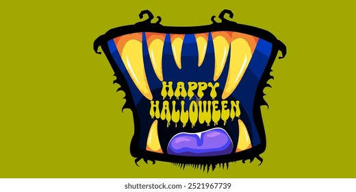 Vector Happy halloween cartoon greeting card with funny zombie monster open mouth with rotten teeth isolated on green background. Vector Halloween poster and flyer with funny orange monster mouth.