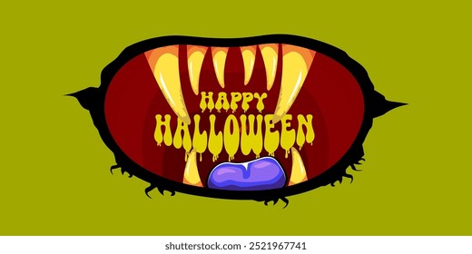 Vector Happy halloween cartoon greeting card with funny zombie monster open mouth with rotten teeth isolated on green background. Vector Halloween poster and flyer with funny orange monster mouth.