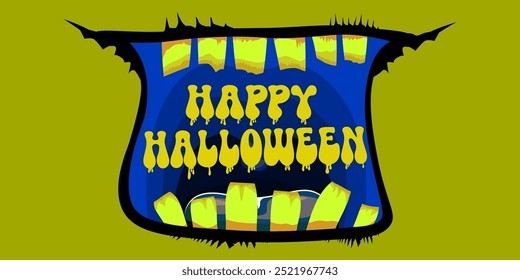 Vector Happy halloween cartoon greeting card with funny zombie monster open mouth with rotten teeth isolated on green background. Vector Halloween poster and flyer with funny orange monster mouth.