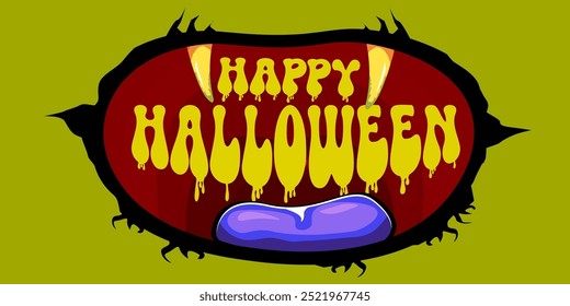 Vector Happy halloween cartoon greeting card with funny zombie monster open mouth with rotten teeth isolated on green background. Vector Halloween poster and flyer with funny orange monster mouth.