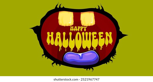 Vector Happy halloween cartoon greeting card with funny zombie monster open mouth with rotten teeth isolated on green background. Vector Halloween poster and flyer with funny orange monster mouth.