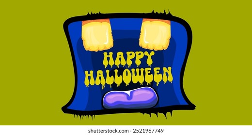 Vector Happy halloween cartoon greeting card with funny zombie monster open mouth with rotten teeth isolated on green background. Vector Halloween poster and flyer with funny orange monster mouth.