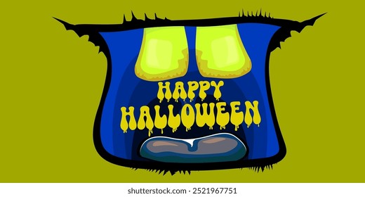 Vector Happy halloween cartoon greeting card with funny zombie monster open mouth with rotten teeth isolated on green background. Vector Halloween poster and flyer with funny orange monster mouth.