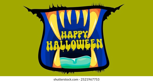 Vector Happy halloween cartoon greeting card with funny zombie monster open mouth with rotten teeth isolated on green background. Vector Halloween poster and flyer with funny orange monster mouth.