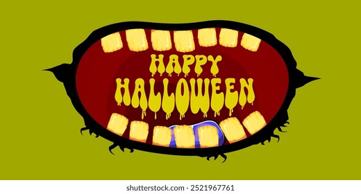 Vector Happy halloween cartoon greeting card with funny zombie monster open mouth with rotten teeth isolated on green background. Vector Halloween poster and flyer with funny orange monster mouth.