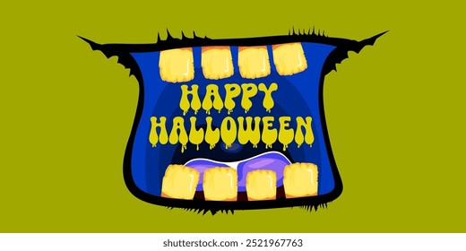 Vector Happy halloween cartoon greeting card with funny zombie monster open mouth with rotten teeth isolated on green background. Vector Halloween poster and flyer with funny orange monster mouth.