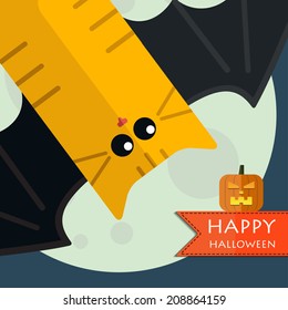 Vector happy halloween cat front moon with pumpkin. Eps 10