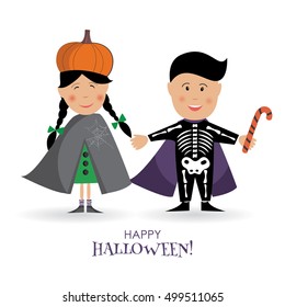 Vector Happy Halloween couple: girl-wizard and boy dracula in festive costume. Cartoon funny illustration of character. Traditional clothes. Creative illustration for night party and celebration