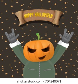 vector Happy halloween creative background. man in halloween costume with pumpkin head rock n roll style halloween greeting card with text. Happy halloween rock concert poster design template.