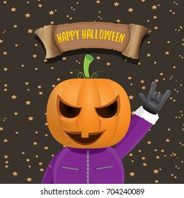 vector Happy halloween creative background. man in halloween costume with pumpkin head rock n roll style halloween greeting card with text. Happy halloween rock concert poster design template.
