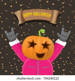 vector Happy halloween creative background. man in halloween costume with pumpkin head rock n roll style halloween greeting card with text. Happy halloween rock concert poster design template.