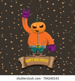 vector Happy halloween creative background. man in halloween costume with pumpkin head rock n roll style halloween greeting card with text. Happy halloween rock concert poster design template.