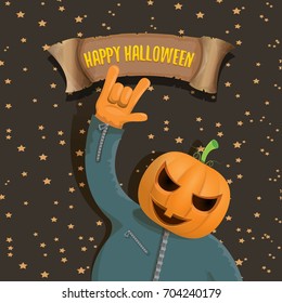 vector Happy halloween creative background. man in halloween costume with pumpkin head rock n roll style halloween greeting card with text. Happy halloween rock concert poster design template.