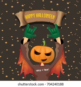 vector Happy halloween creative background. man in halloween costume with pumpkin head rock n roll style halloween greeting card with text. Happy halloween rock concert poster design template.