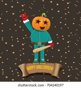 vector Happy halloween creative background. man in halloween costume with pumpkin head rock n roll style halloween greeting card with text. Happy halloween rock concert poster design template.