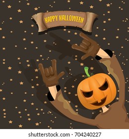 vector Happy halloween creative background. man in halloween costume with pumpkin head rock n roll style halloween greeting card with text. Happy halloween rock concert poster design template.