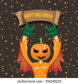 vector Happy halloween creative background. man in halloween costume with pumpkin head rock n roll style halloween greeting card with text. Happy halloween rock concert poster design template.