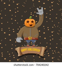 vector Happy halloween creative background. man in halloween costume with pumpkin head rock n roll style halloween greeting card with text. Happy halloween rock concert poster design template.