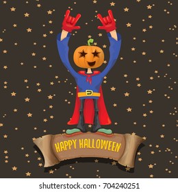 vector Happy halloween creative background. man in halloween costume with pumpkin head rock n roll style halloween greeting card with text. Happy halloween rock concert poster design template.