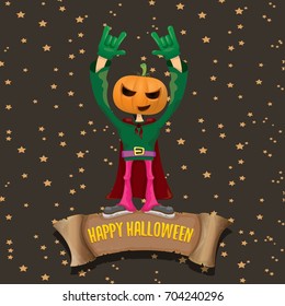 vector Happy halloween creative background. man in halloween costume with pumpkin head rock n roll style halloween greeting card with text. Happy halloween rock concert poster design template.