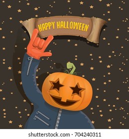 vector Happy halloween creative background. man in halloween costume with pumpkin head rock n roll style halloween greeting card with text. Happy halloween rock concert poster design template.