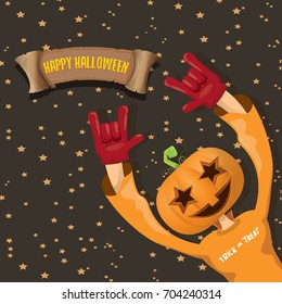 vector Happy halloween creative background. man in halloween costume with pumpkin head rock n roll style halloween greeting card with text. Happy halloween rock concert poster design template.