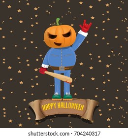 vector Happy halloween creative background. man in halloween costume with pumpkin head rock n roll style halloween greeting card with text. Happy halloween rock concert poster design template.