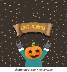 vector Happy halloween creative background. man in halloween costume with pumpkin head rock n roll style halloween greeting card with text. Happy halloween rock concert poster design template.