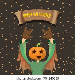 vector Happy halloween creative background. man in halloween costume with pumpkin head rock n roll style halloween greeting card with text. Happy halloween rock concert poster design template.