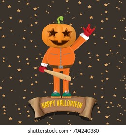 vector Happy halloween creative background. man in halloween costume with pumpkin head rock n roll style halloween greeting card with text. Happy halloween rock concert poster design template.