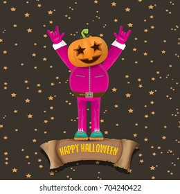 vector Happy halloween creative background. man in halloween costume with pumpkin head rock n roll style halloween greeting card with text. Happy halloween rock concert poster design template.