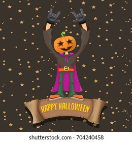 vector Happy halloween creative background. man in halloween costume with pumpkin head rock n roll style halloween greeting card with text. Happy halloween rock concert poster design template.