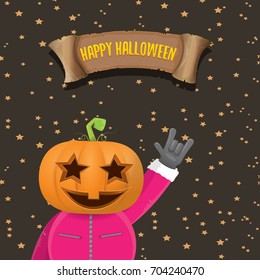 vector Happy halloween creative background. man in halloween costume with pumpkin head rock n roll style halloween greeting card with text. Happy halloween rock concert poster design template.