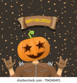 vector Happy halloween creative background. man in halloween costume with pumpkin head rock n roll style halloween greeting card with text. Happy halloween rock concert poster design template.