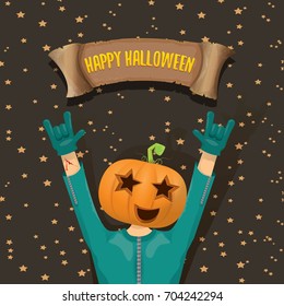 vector Happy halloween creative background. man in halloween costume with pumpkin head rock n roll style halloween greeting card with text. Happy halloween rock concert poster design template.