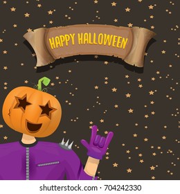 vector Happy halloween creative background. man in halloween costume with pumpkin head rock n roll style halloween greeting card with text. Happy halloween rock concert poster design template.