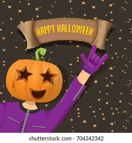 vector Happy halloween creative background. man in halloween costume with pumpkin head rock n roll style halloween greeting card with text. Happy halloween rock concert poster design template.