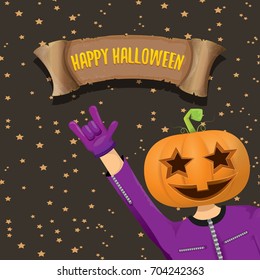 vector Happy halloween creative background. man in halloween costume with pumpkin head rock n roll style halloween greeting card with text. Happy halloween rock concert poster design template.