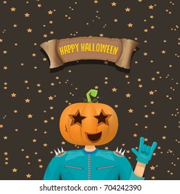 vector Happy halloween creative background. man in halloween costume with pumpkin head rock n roll style halloween greeting card with text. Happy halloween rock concert poster design template.