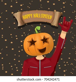 vector Happy halloween creative background. man in halloween costume with pumpkin head rock n roll style halloween greeting card with text. Happy halloween rock concert poster design template.