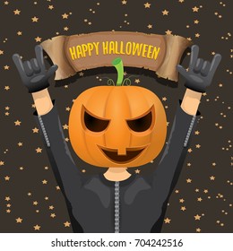 vector Happy halloween creative background. man in halloween costume with pumpkin head rock n roll style halloween greeting card with text. Happy halloween rock concert poster design template.