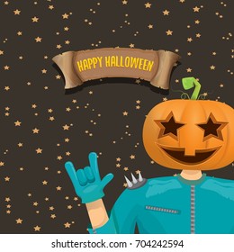 vector Happy halloween creative background. man in halloween costume with pumpkin head rock n roll style halloween greeting card with text. Happy halloween rock concert poster design template.
