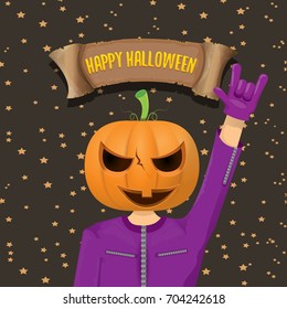 vector Happy halloween creative background. man in halloween costume with pumpkin head rock n roll style halloween greeting card with text. Happy halloween rock concert poster design template.