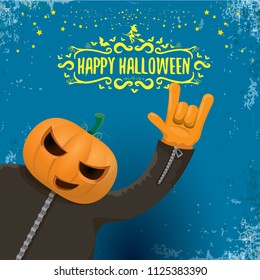 vector Happy halloween creative hipster party background. man in halloween costume with carved pumpkin head and calligraphic halloween text on grunge layout. Happy halloween rock concert poster design